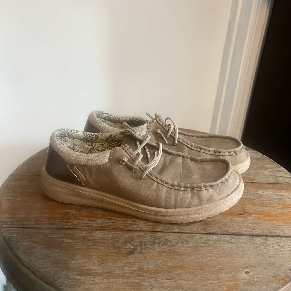 Casual Tan women’s Hey Dude faux leather shoes